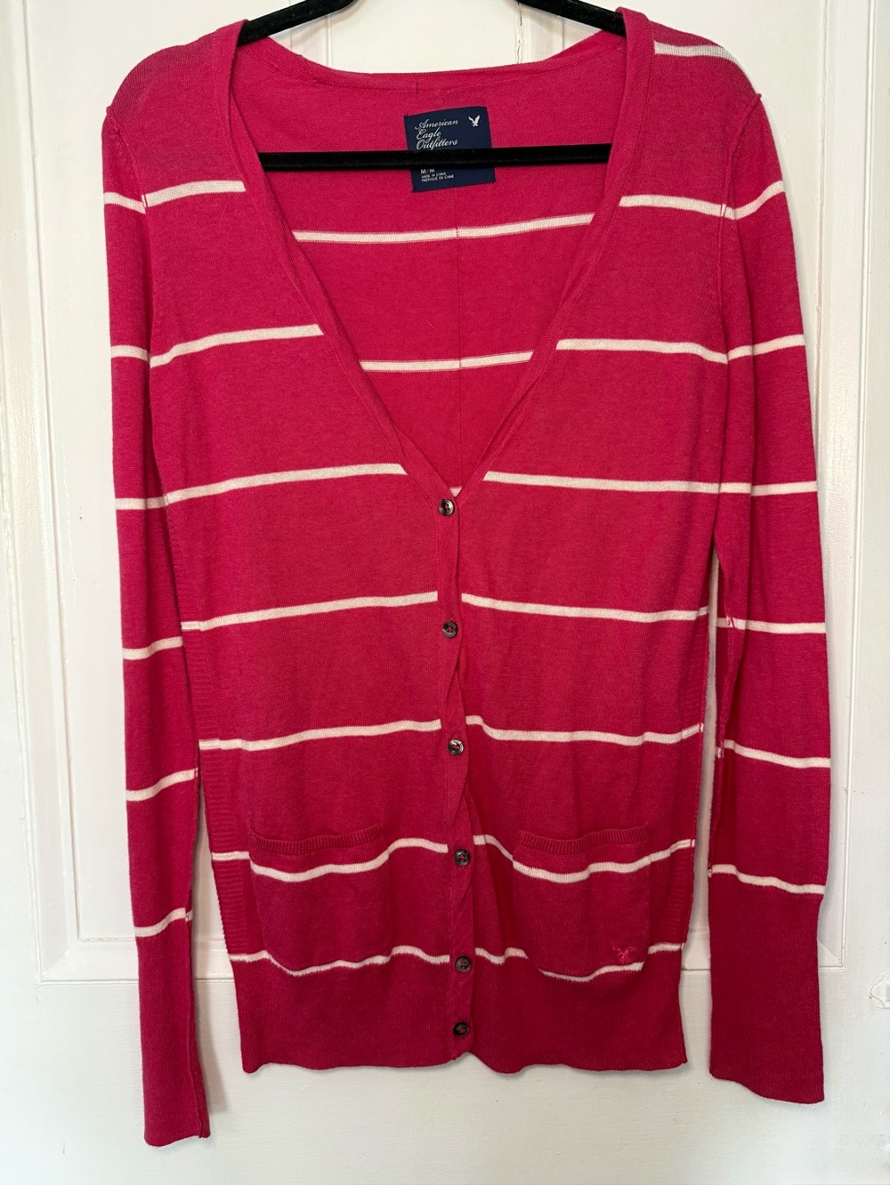 American Eagle Outfitters Pink & White Striped Cardigan - Medium